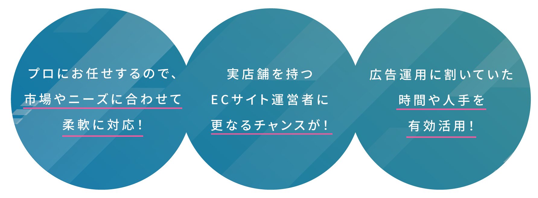 プロにお任せするので、市場やニーズに合わせて柔軟に対応！実店舗を持つE C サイト運営者に更なるチャンスが！広告運用に割いていた時間や人手を有効活用！